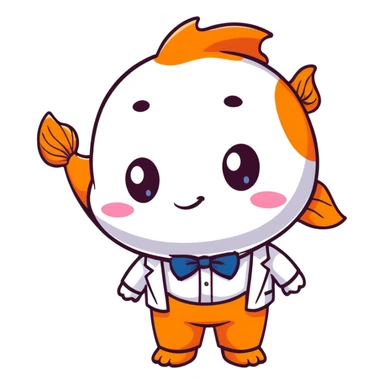 A super kawaii koi fish character with enormous cute eyes, blushing cheeks, bubbly playful expression, orange and white patterns, wearing a tiny business suit with bowtie sticker
