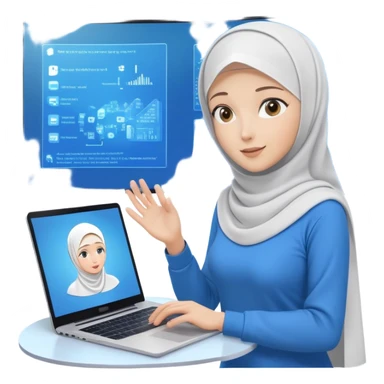 computer engineer with white hijab wearing blue outfit, no glasses, presenting her metaverse creation with a large digital screen behind her displaying virtual worlds and code, laptop open in front of her showing programming interface sticker