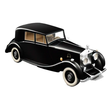 Vintage 1930s Rolls-Royce with sleek black body, round headlights, silver grille, Spirit of Ecstasy hood ornament, and chrome wheel caps sticker
