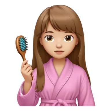 a girl with light skin and medium brown long hair with bangs who is brushing her hair with a hairbrush and she is wearing a light pink bathrobe sticker