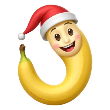 A 3D cartoon banana with a red nose and tiny hat, smiling face, playful pose, Memoji-style. sticker