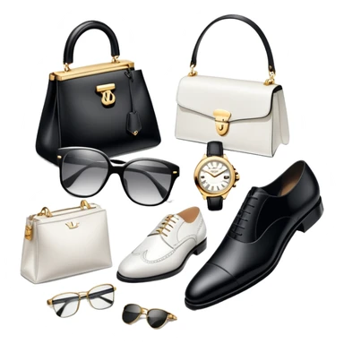 1 bag and 1 watch, and 1 glasses, 1 pair of shoes, and 1 watch rolex, all BLACK AND WHITE AND SILVER OR WHITE PLATED GOLD put together like a bundle with no face, all luxury items like lv and prada, and rolex, and balenciaga sticker