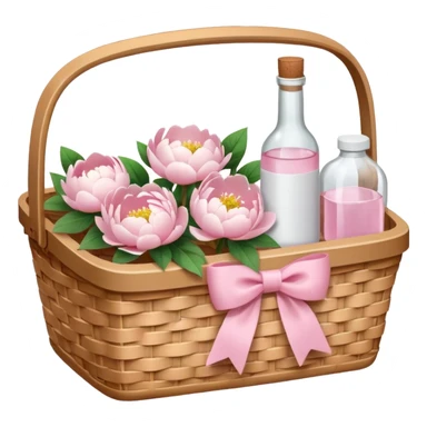 White Picnic basket with light pink bow and white peonies and a pink bottle inside sticker