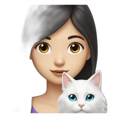 A girl with long dark hair and on her left shoulder and neck lies a white fluffy cat with eyes of different colors sticker