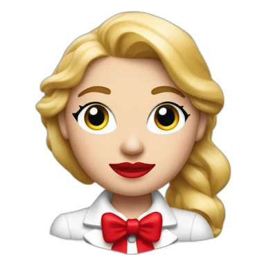 una cabeza de una chica rubia con el pelo largo apoyada sobre sus brazos con blusa de manga larga de color rojo al estilo de mr. monopoly sticker