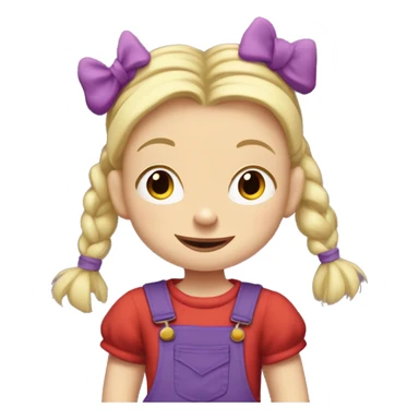 A little blonde girl with pigtails and little purple bows wearing a red long sleeved shirt and purple overalls, rugrats sticker