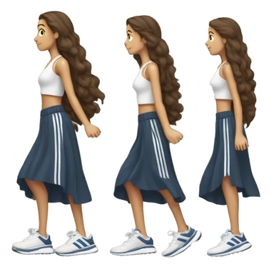 girl with long brown hair and long flowy maxi skirt and sneakers with adidas stripes, from profile,  lifting one leg backward in the air like she is striking a pose. full body sticker
