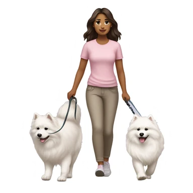 full body view of brunette female with light pink skin tone walking one samoyed dog on a leash sticker