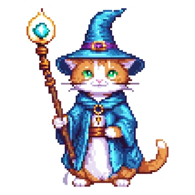 a wizard cat with a magic staff, pixel art style sticker