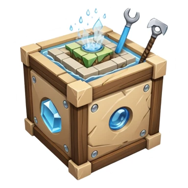 crafting table with tools, stone, wood, glass, sand, steam, water... like a minecraft style cube crafting table 100% like a minecraft table crafting, with on the right, left, a glass showing crafting merging between stone and wood sticker