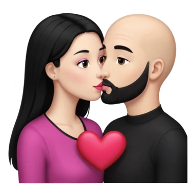 👩🏻‍❤️‍💋‍👨🏻 this one but the man should be bald. white woman with long black hair and white bald young man whoitiut hair and a heart between their heads. she has pink lips and both have brown eyes. he has e full beard but short. both wear black. they kiss slowly sticker