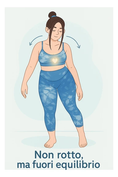 a woman stands in a relaxed pose, with a gentle, confident expression. Her body is shown with subtle, curved lines or arrows indicating areas of imbalance (such as a slight tilt in the shoulders or hips), but no signs of injury or damage. A soft glow or heart symbol at her core emphasizes resilience and the message “Non rotto, ma fuori equilibrio” The background is clean and clinical, with light blue tones. sticker