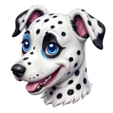 Cinematic Comical Harlequin Dalmatian Portrait Emoji, Head tilted dramatically with an exaggeratedly shocked or amused expression, featuring a striking Fur of predominantly white with vivid black patches, wide, expressive blue eyes filled with playful disbelief, Simplified yet hilariously expressive features, highly detailed, glowing with a slightly sassy glow, high shine, dramatic yet playful, stylized with an air of cheeky charm, bright and endearing, soft glowing outline, capturing the essence of a spirited and over-the-top guardian, so meme-worthy it feels like it could side-eye its way into internet fame instantly! sticker
