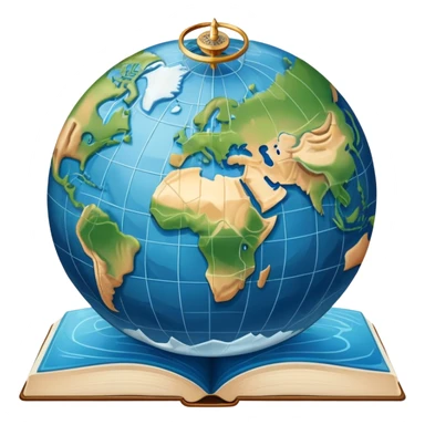 an icon featuring an earth with attitude and longitude lines, a textbook, and a topographic map, symbolizing geography as a science. The design includes a compass, mountain ranges, and rivers, representing the study of Earth's features and landscapes. Transparent background highlights geography. sticker