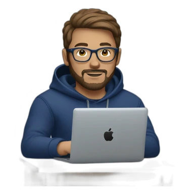Brown short hair white man with a beard and round glasses typing on apple computer wearing a dark blue nike hoodie sticker