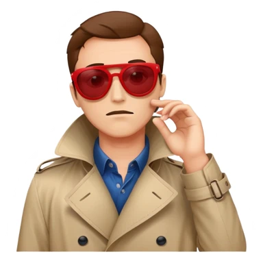 a suspicious looking fraudster in red sunglasses and a red trench coat who's hiding his face sticker