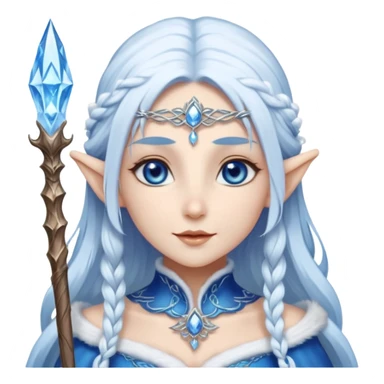 Legendary fantasy Christmas elf portrait icon, Santa Claus and Snow Maiden inspired, ancient winter spirit style, long flowing white-blue hair, glowing frost eyes, crystal staff, elegant elven features, divine winter magic aura, icy silver color palette, highly detailed but clean emoji icon sticker