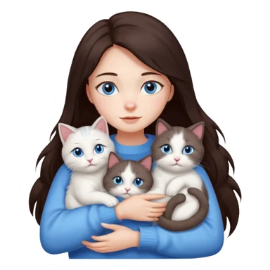 a girl with long dark 
brown hair, with blue eyes, in a
white sweater, hugs 3 different natural coloured cats sticker
