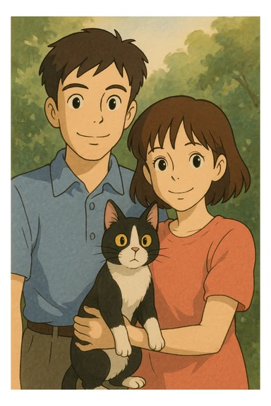 couple with pet posing for photo sticker