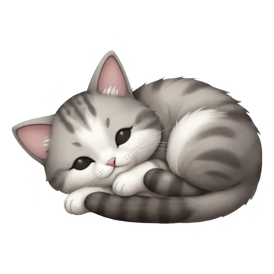 grey and white small cat with eyes closed lying down upside down with its head resting on its paw sticker