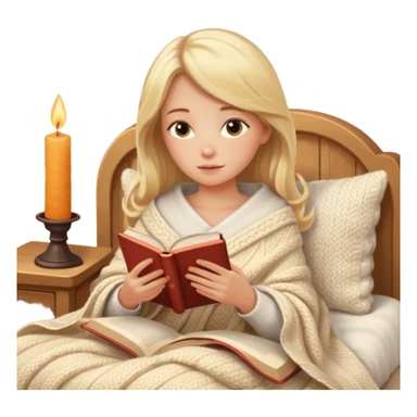 Cozy blonde girl reading book with blanket and candle sticker