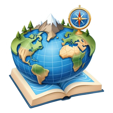 an icon featuring an earth with attitude and longitude lines, a textbook, and a topographic map, symbolizing geography as a science. The design includes a compass, mountain ranges, and rivers, representing the study of Earth's features and landscapes. Transparent background highlights geography. sticker
