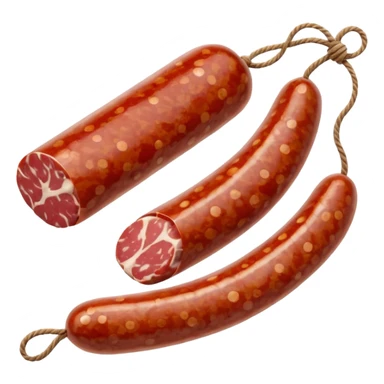 dry-cured sausage rustic white-mottled casing tied with string sliced end showing marbled red meat and white fat a few round slices beside glossy speckled texture irregular edges soft lighting emoji scale sticker