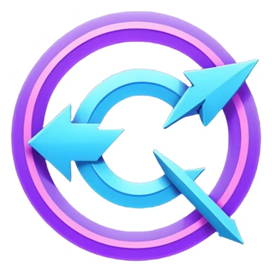 Futuristic retry arrow: an open curved neon arrow forming almost a circle but leaving a gap, clear restart motion. Glowing blue and violet Virtuosa colors, soft Ovi-like floating shape, playful high-tech style, luminous semi-matte texture. No text. Full background.
 sticker