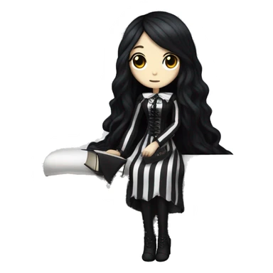 A gothic-style fumo plushie girl with long black hair in a black coffin with a white cushioned interior. She wears a striped black-and-white dress. Nearby is a white desk with dark books and an antique lamp. sticker
