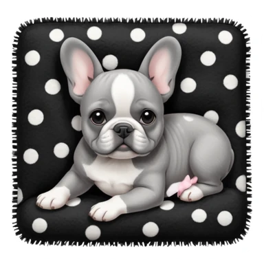 Gray French bulldog puppy with white belly, wearing black and white polka dot bow, taking a nap on a black color fuzzy rug sticker