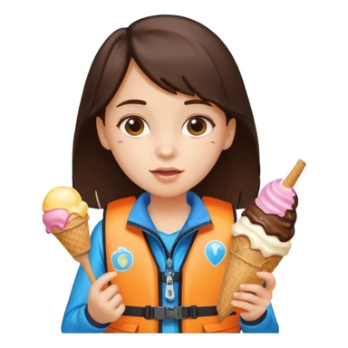 girl brunet kid wearing lifejacket, holding ice cream sticker