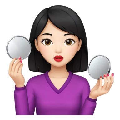 black haired asian girl putting on lipgloss while holding a compact mirror sticker