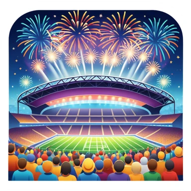 An icon showing a large stadium with bright floodlights, fireworks bursting in the sky, and a lively crowd below. The design captures the excitement and energy of concerts and festivals, with vibrant colors and a festive atmosphere. Set against a transparent background to highlight the celebration. sticker