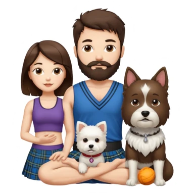 emoji of brunette man with beard wearing kilt, brunette woman in yoga outfit and white fluffy dog sticker