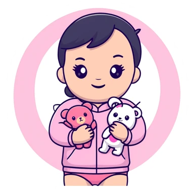 cute toddler girl with pastel pink clothes holding a pink teddy bear sticker