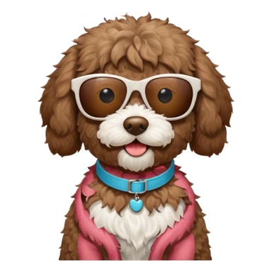 Brown Labradoodle with a white patch of fur on her stomach wearing sunglasses sticker