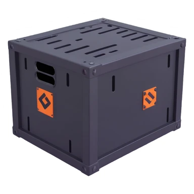 industrial crate, heavy metal with bolts and vents sticker