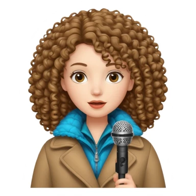 curly haired woman with winter clothes holding microphone sticker