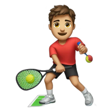 Young guy with swooped brown hair playing pickleball full body red shirt black shorts solid black paddle sticker