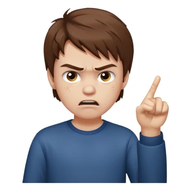 angry young boy pointing fingure at his own face sticker