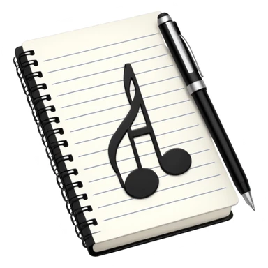 Minimalistic flat vector icon, iOS style, thin black contour on white background. Small notebook with a musical note on the cover, a pen placed next to it. Clean, modern, no text, no shadows. sticker