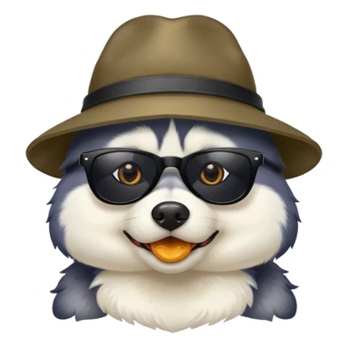 Husky dog wearing black sunglasses and a hat with duck pattern sticker