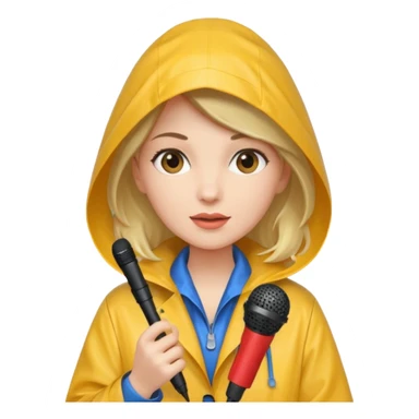 woman with rain coat and microphone sticker