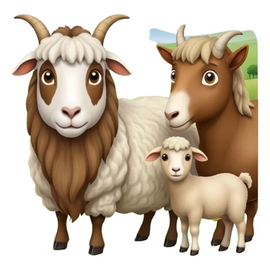 Icon for Domestic Hooved Animals: A gentle collage featuring a brown goat with large, curious eyes, a calm sheep with soft wool and a horse with a flowing mane. Background with a green pasture and a few hay bales. Transparent background. sticker