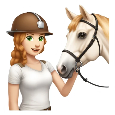 Extremely attractive and feminine white teen girl with green eyes and medium length strawberry blonde hair wearing traditional English riding helmet giving a treat to a brown and white paint horse sticker