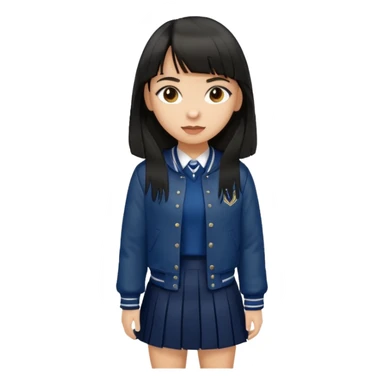 hair : black long hair with fringe 
skin : light 
cloth : brown varsity jacket + navy long long school girl skirt 


 sticker