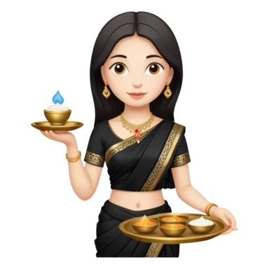 Russian girl in Indian black saree with full image from head to leg and holding a cream colour small tray in her both hands sticker