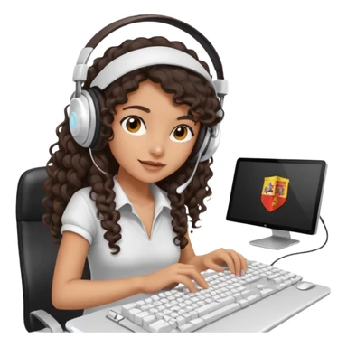 Spanish girl with long dark curly hair, wearing a white gaming headset and playing on keyboard with a gaming mouse in one hand sticker