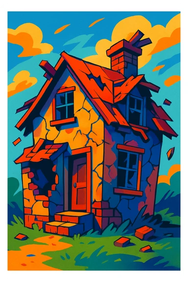 a house with broken walls and roof, expressive style, emotional, detailed, vibrant colors sticker