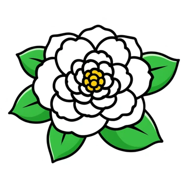 Elegant white camellia flower with symmetrical petals and rich green foliage sticker